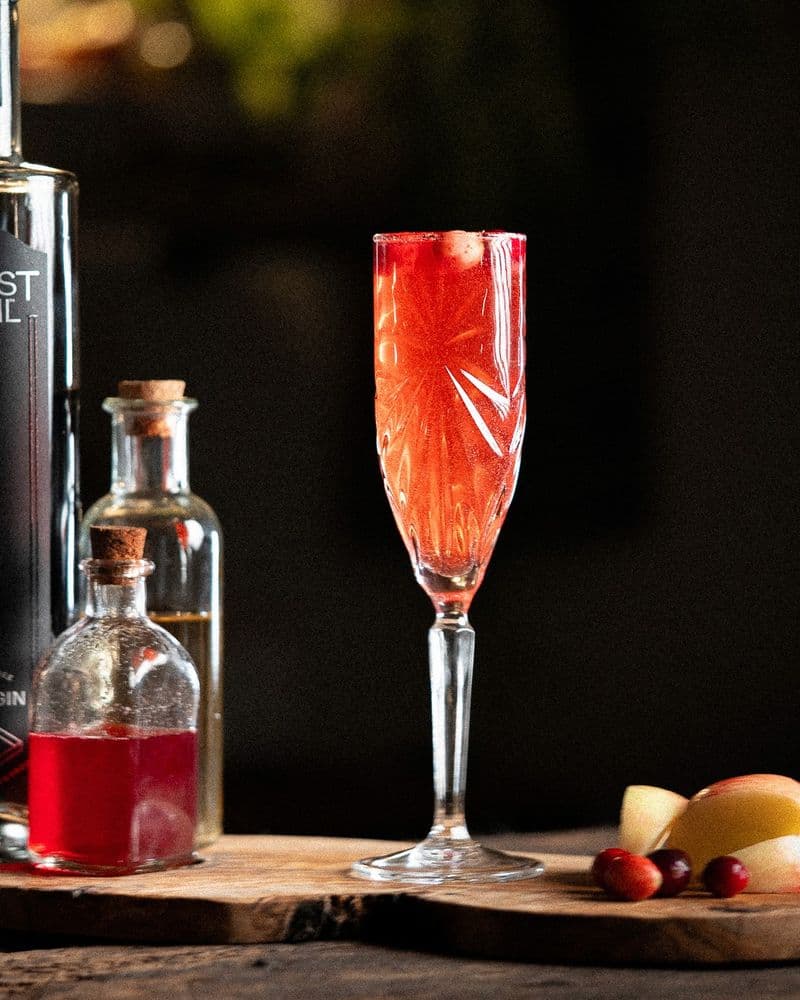Overhead shot of an Autumn 75 with cranberries scattered on the bar.